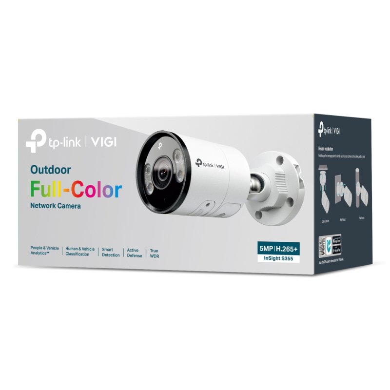 TP-LINK (InSight S355 4MM) VIGI 5MP Outdoor Full-Colour Bullet Network Camera w/ 4mm Lens, IP67, PoE, AI