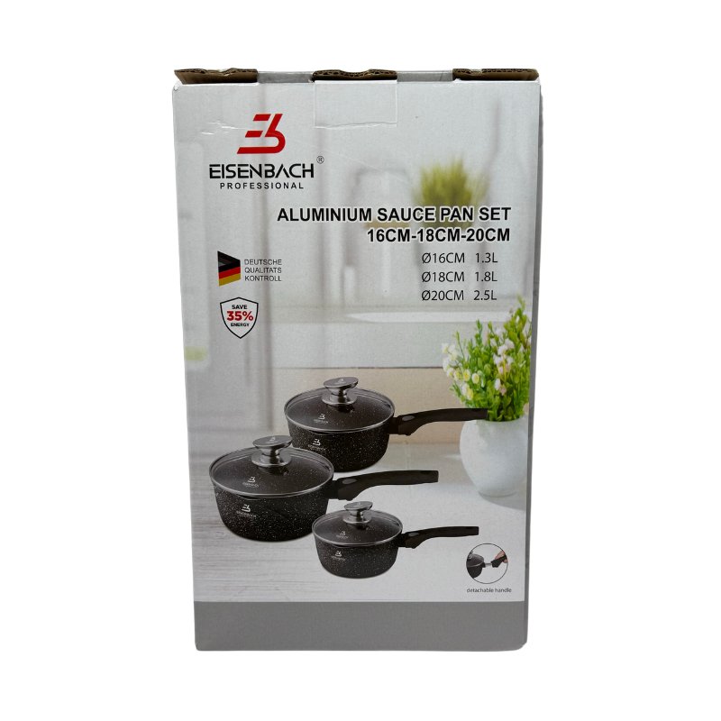 Eisenbach EB-MSP02: Aluminum Greblon Marble Coated Sauce Pan Set - 16cm,18cm,20cm