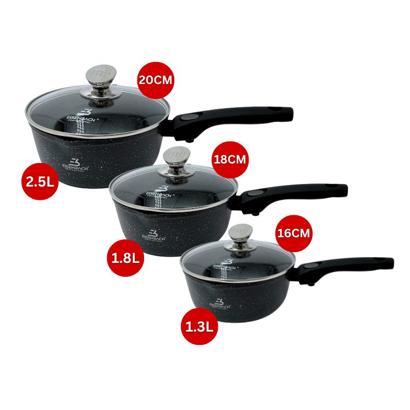 Eisenbach EB-MSP02: Aluminum Greblon Marble Coated Sauce Pan Set - 16cm,18cm,20cm