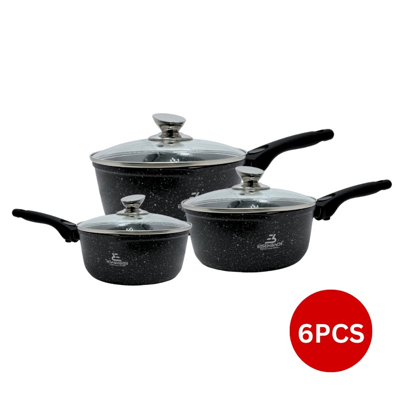 Eisenbach EB-MSP02: Aluminum Greblon Marble Coated Sauce Pan Set - 16cm,18cm,20cm
