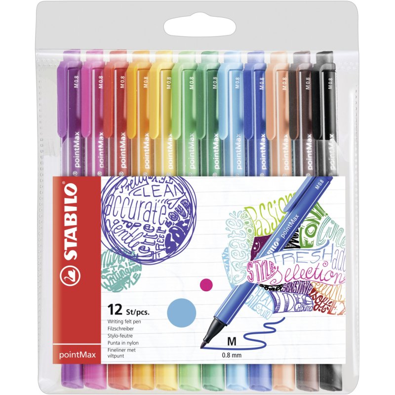 STABILO pointMax stylo fin Moyen Noir, Bleu, Marron, Vert, Bleu clair, Vert clair, Orange, Rose, Violet, Rouge, Jaune