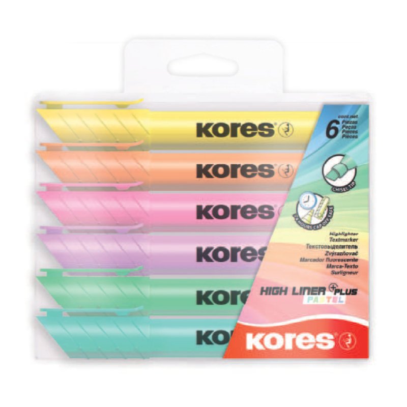 Kores Surligneur "HIGH LINER PLUS", couleurs pastel, étui 6