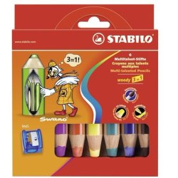 STABILO Crayon multi-talents woody 3 en 1, étui carton de 6