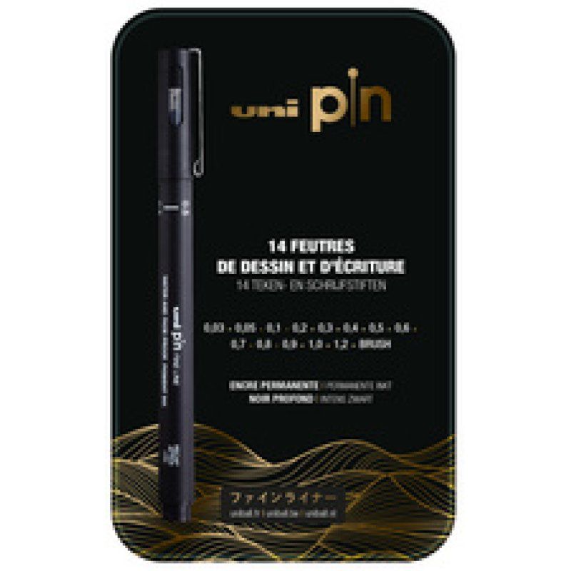 uni-ball Feutre technique uni pin, étui métal de 14 pièces