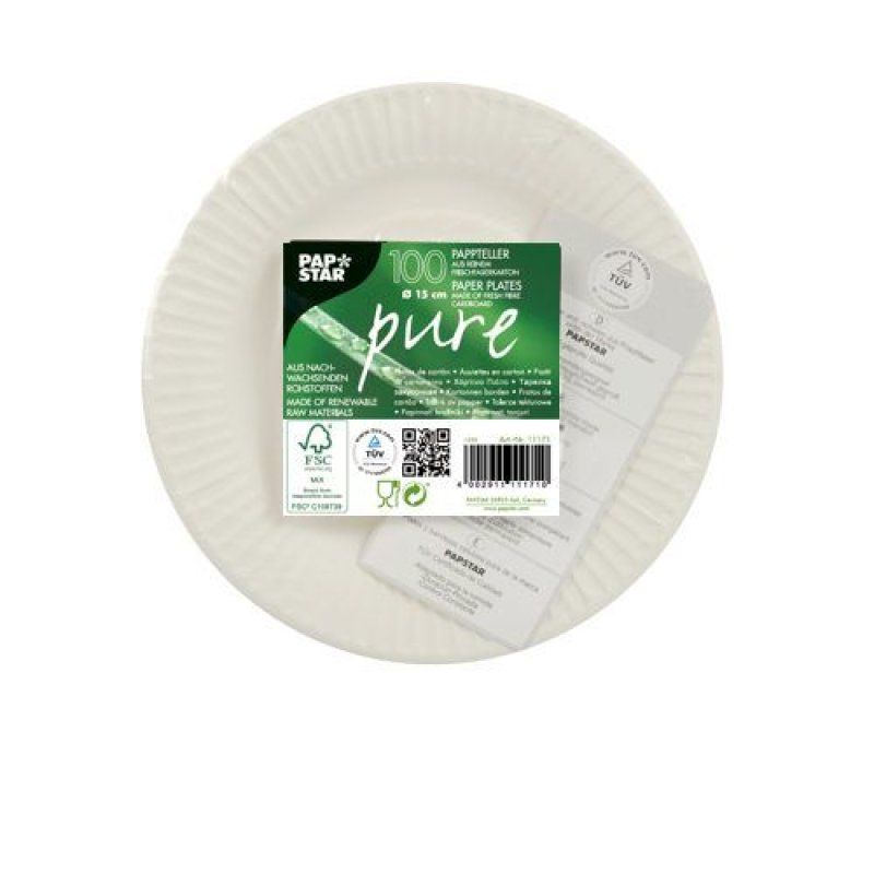 PAPSTAR Assiette en carton "pure", rond, 150 mm, blanc