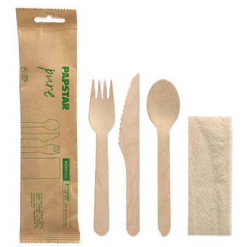 PAPSTAR Kit de couverts "pure", en bois de bouleau, 4 pièces