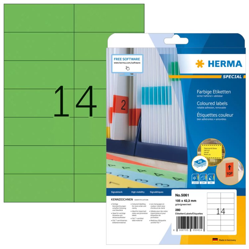 HERMA Coloured labels A4 105x42.3 mm green paper matt 280 pcs.