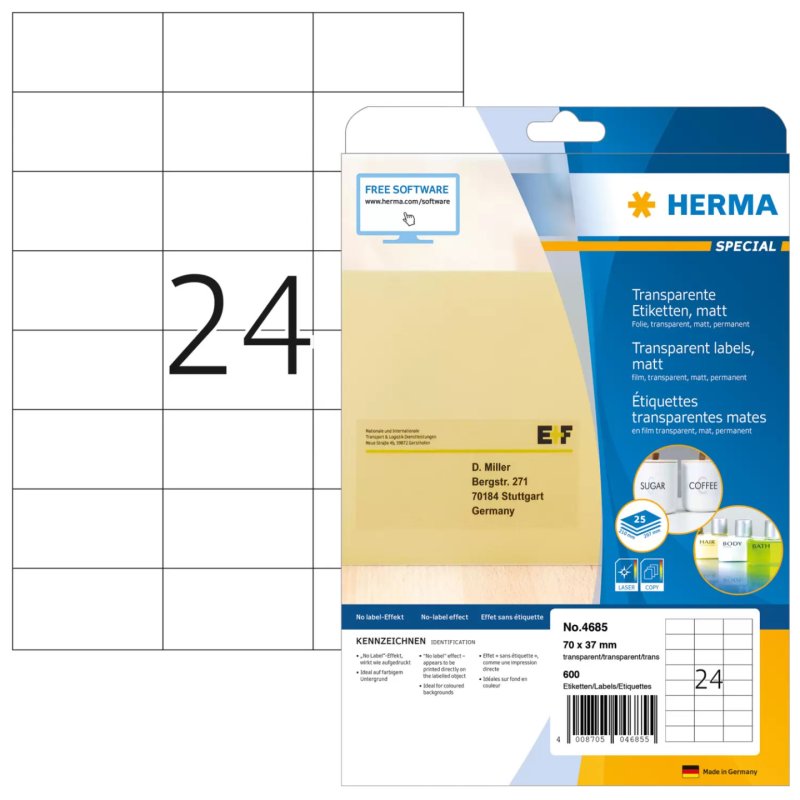 HERMA 4685 étiquette auto-collante Rectangle Permanent Transparent 600 pièce(s)