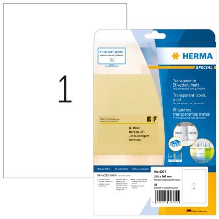 HERMA Étiquette en film SPECIAL, 210 x 297 mm, transparent