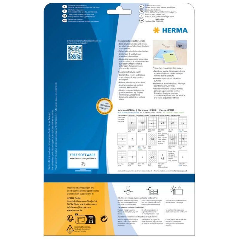 HERMA Labels transparent matt A4 210x297 mm film 25 pcs.