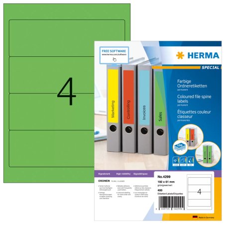 HERMA Étiquettes classeur A4 192x61 mm, vertes, papier mat, opaques, 400 pcs