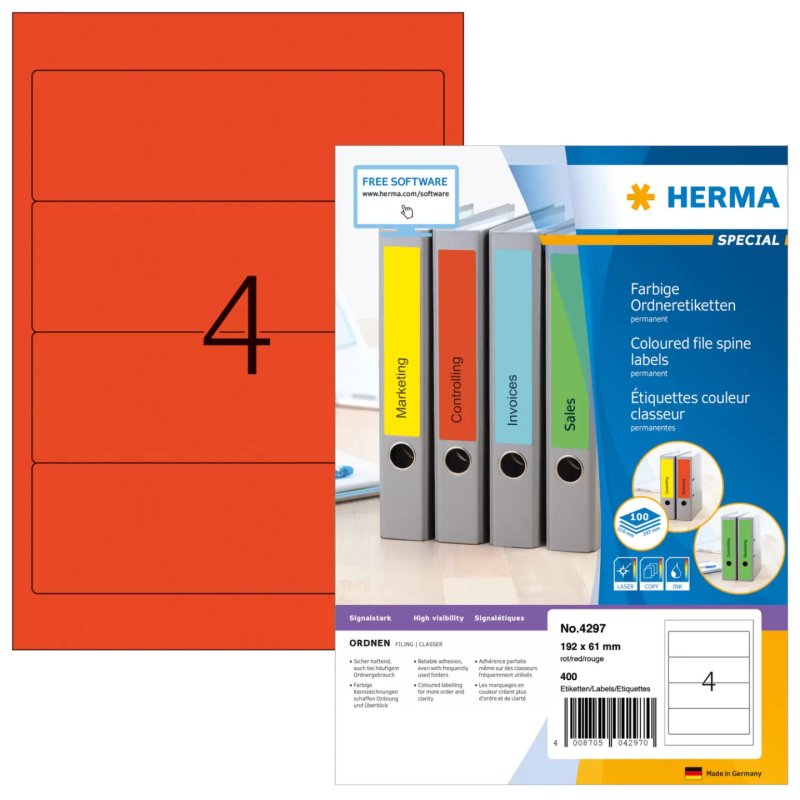 HERMA File labels A4 192x61 mm red paper matt opaque 400 pcs.
