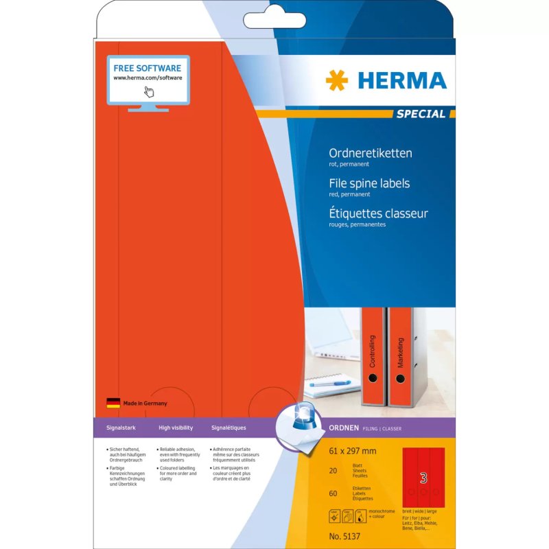 HERMA File labels A4 61x297 mm red paper matt opaque 60 pcs.