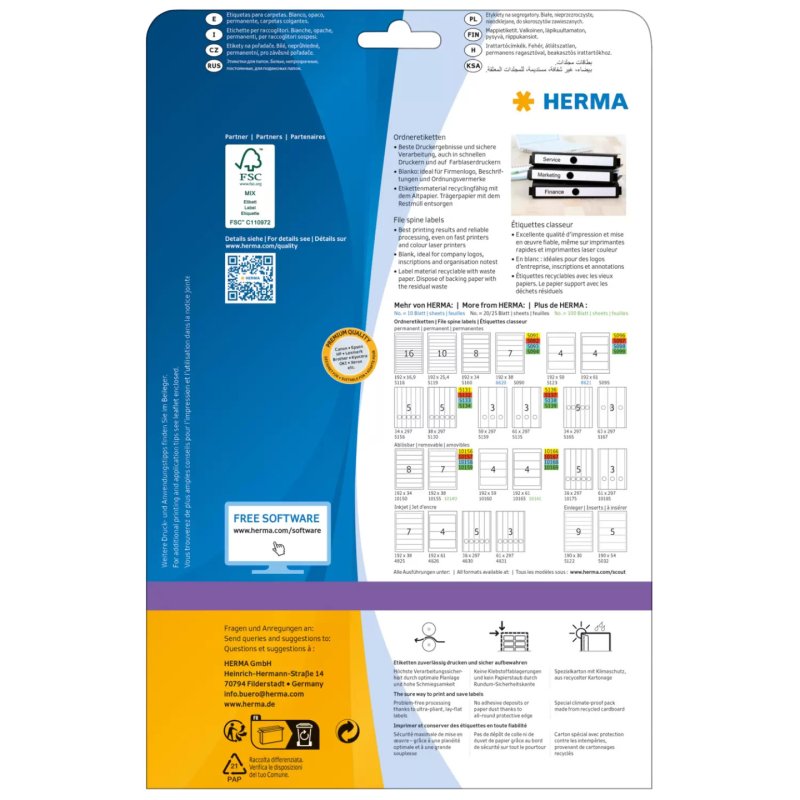 HERMA Etiquette dos de classeur SPECIAL, 63 x 297 mm, blanc