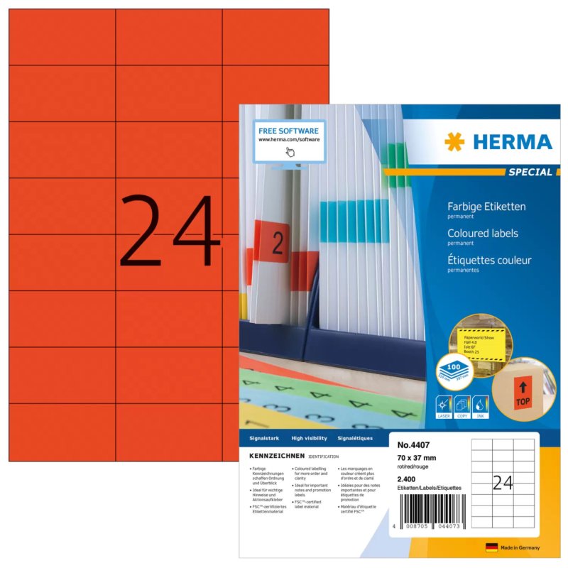 HERMA Coloured Labels A4 70x37 mm red paper matt 2400 pcs.