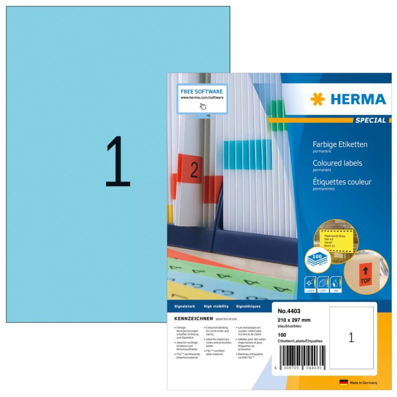 HERMA Coloured Labels A4 210x297 mm blue paper matt 100 pcs.