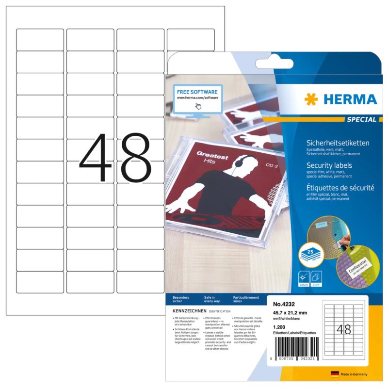 HERMA Étiquettes de sécurité A4 45.7x21.2 mm, blanches, extrêmement adhésives, film mat, 1200 pcs