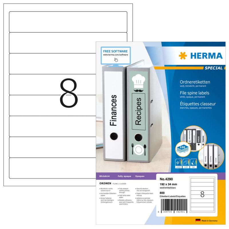 HERMA Étiquettes classeur A4 192x34 mm, blanches, papier mat, opaques, 800 pcs