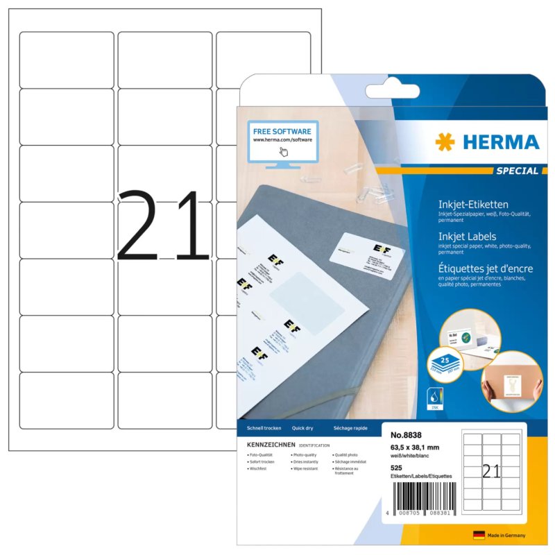 HERMA Inkjet address labels A4 63.5x38.1 mm white paper matt 525 pcs.