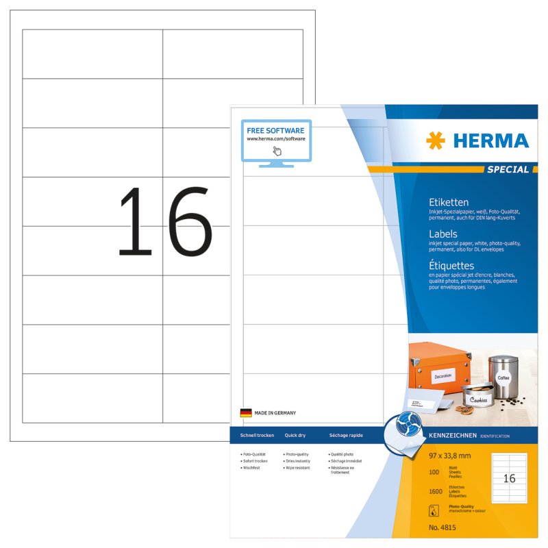 HERMA Inkjet labels A4 97x33,8 mm white paper matt 1600 pcs.