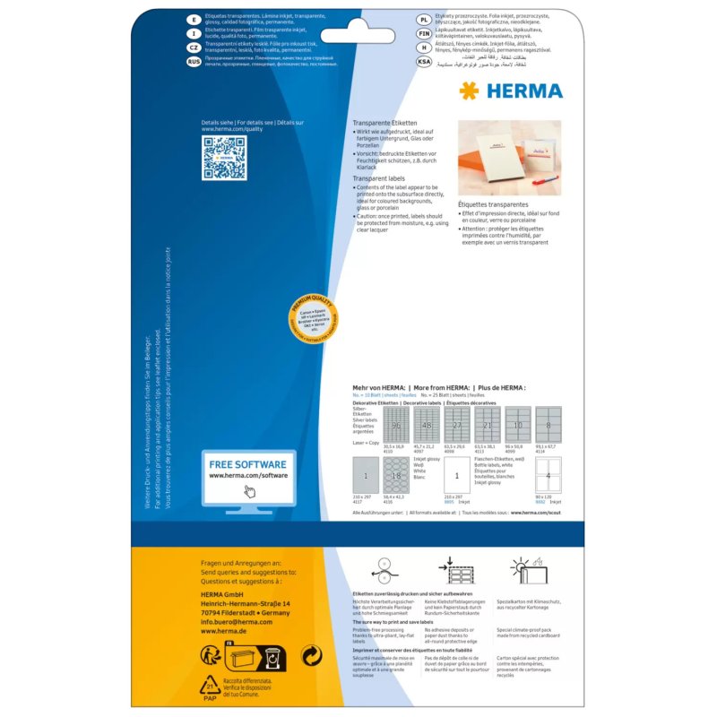 HERMA Inkjet film labels transparent A4 210x297 mm film glossy 10 pcs.