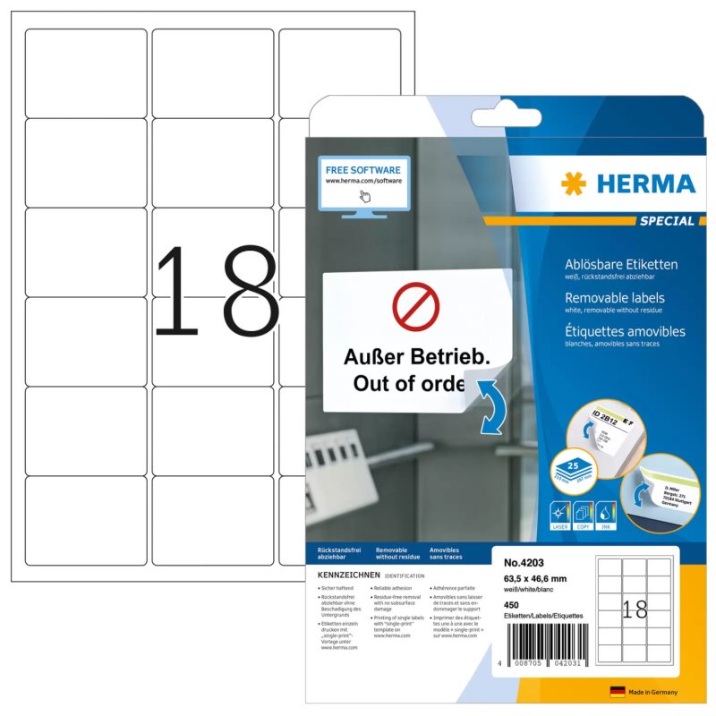 HERMA Étiquettes amovibles A4 63.5x46.6 mm, blanches, Movables/amovibles, papier mat, 450 pcs