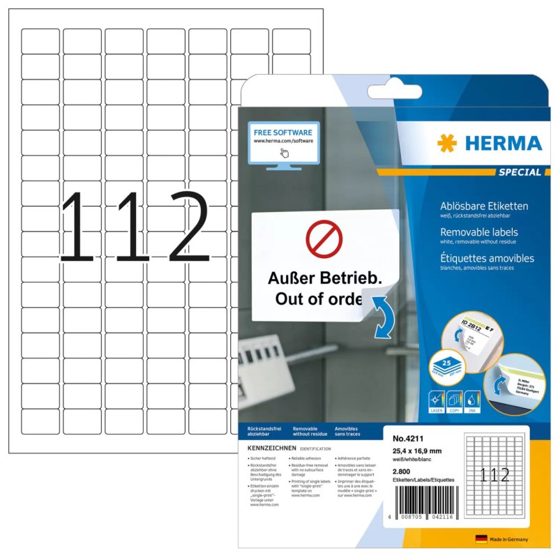 HERMA Étiquettes amovibles A4 25.4x16.9 mm, blanches, Movables/amovibles, papier mat, 2800 pcs