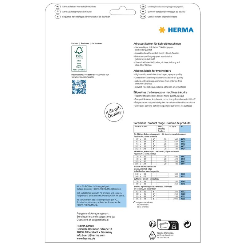 HERMA 4432 étiquette d'adresse Blanc