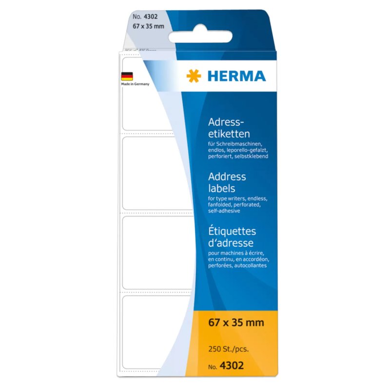 HERMA Address labels for typewriters continous fanfolded 67x37 mm white paper matt 250 pcs.
