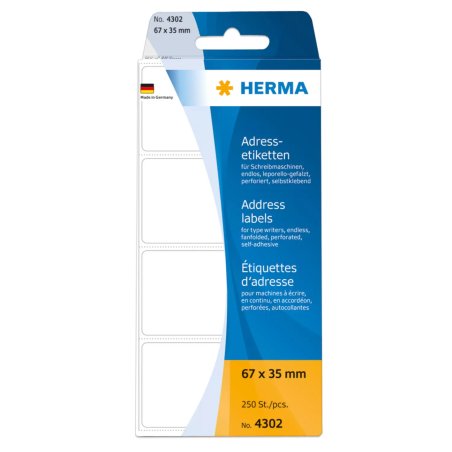 HERMA Address labels for typewriters continous fanfolded 67x37 mm white paper matt 250 pcs.