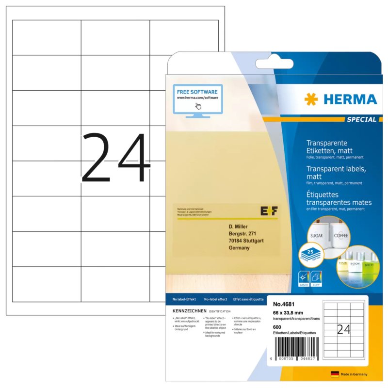 HERMA Labels transparent matt A4 66x33.8 mm film 600 pcs.