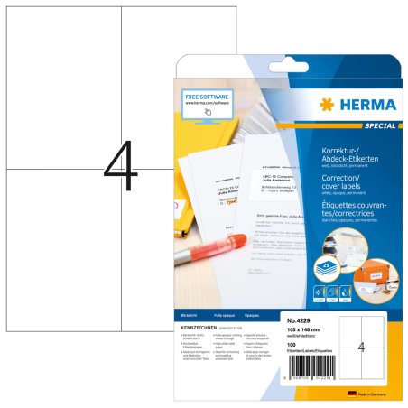 HERMA Correction/covering labels A4 105x148 mm white paper matt opaque 100 pcs.