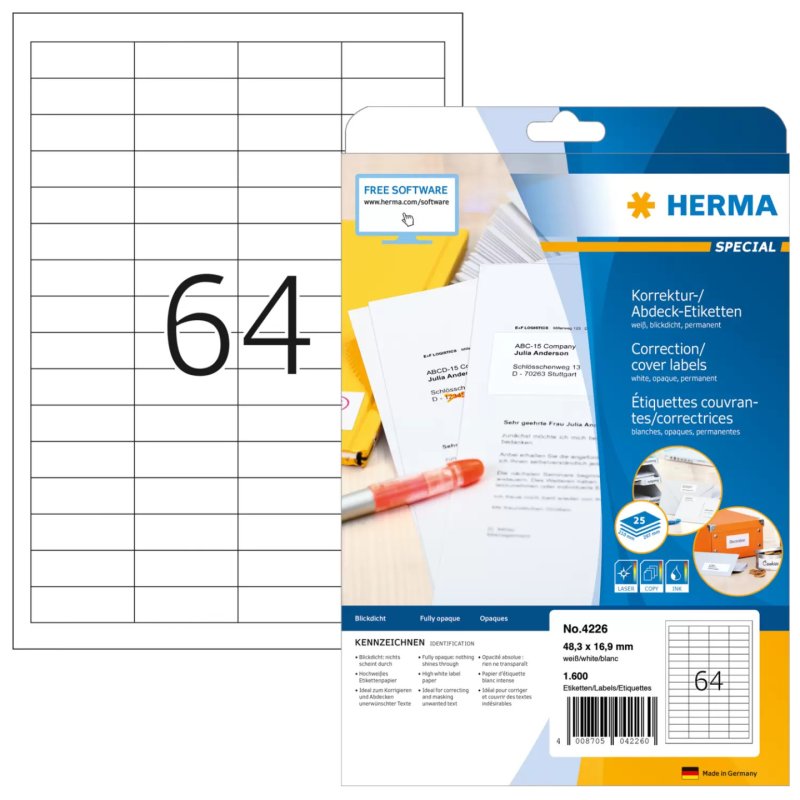 HERMA Correction/covering labels A4 48.3x16.9 mm white paper matt opaque 1600 pcs.