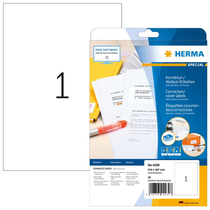 HERMA Correction/covering labels A4 210x297 mm white paper matt opaque 25 pcs.