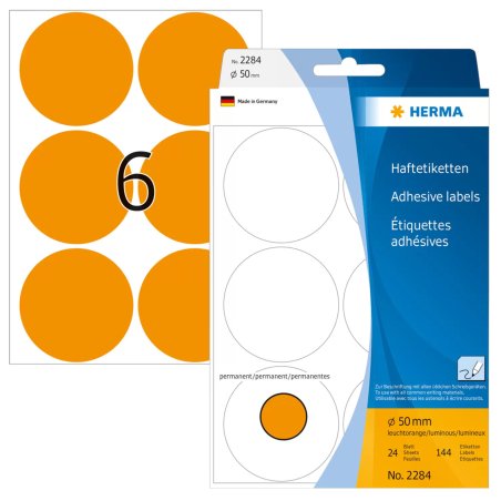 HERMA Multi-purpose labels/colour dots Ø 50 mm round luminous orange paper matt hand inscription 144 pcs.