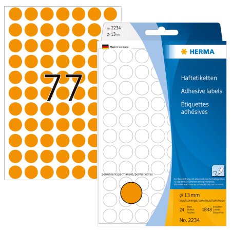 HERMA Multi-purpose labels/colour dots Ø 13 mm round luminous orange paper matt hand inscription 1848 pcs.
