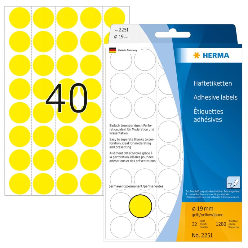 HERMA Étiquettes/pastilles de couleur Ø 19 mm rondes, jaunes, papier mat, support perforé, 1280 pcs