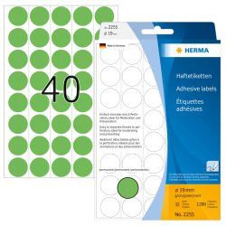 HERMA Étiquettes/pastilles de couleur Ø 19 mm rondes, vertes, papier mat, support perforé, 1280 pcs