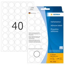 HERMA Étiquettes/pastilles de couleur Ø 19 mm rondes, blanches, papier mat, support perforé, 1280 pcs