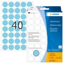 HERMA Étiquettes/pastilles de couleur Ø 19 mm rondes, bleues, papier mat, support perforé, 1280 pcs