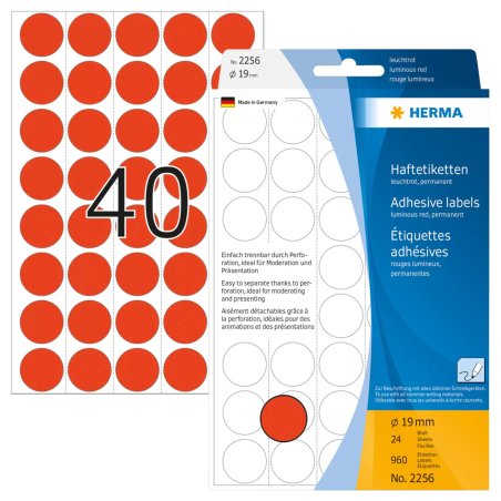 HERMA Étiquettes/pastilles de couleur Ø 19 mm rondes, rouges fluo, papier mat, support perforé, 960 pcs