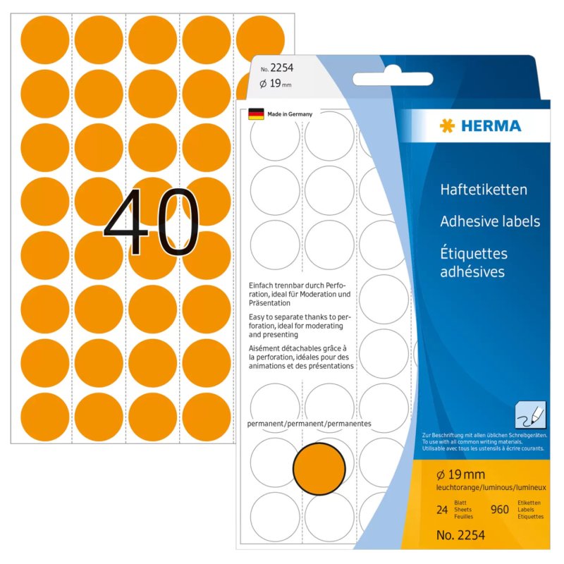 HERMA Pastille adhésive, diamètre: 19 mm, orange fluo