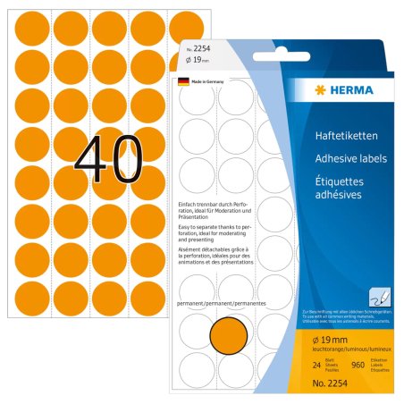 HERMA Étiquettes/pastilles de couleur Ø 19 mm rondes, oranges fluo, papier mat, support perforé, 960 pcs