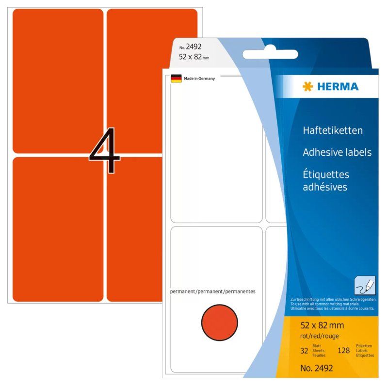 HERMA Multi-purpose labels 52x82 mm red paper matt hand inscription 128 pcs.