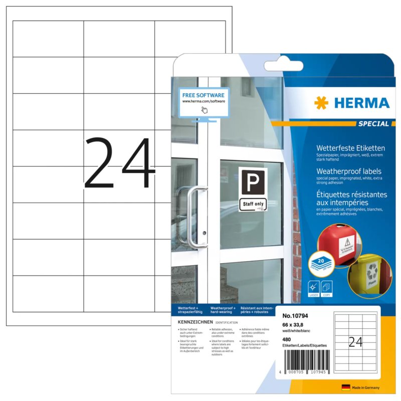 HERMA 10794 étiquette auto-collante Rectangle Permanent Blanc 480 pièce(s)