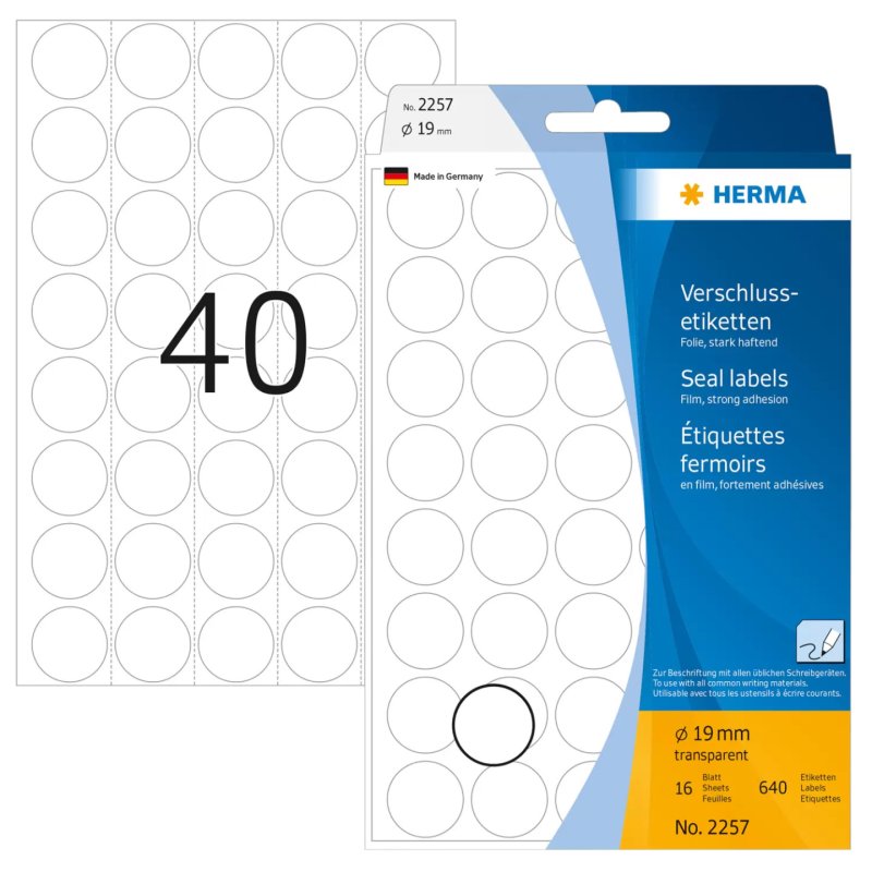 HERMA Étiquettes fermoirs Ø 19 mm rondes, transparentes, extrêmement adhésives, film mat, 640 pcs