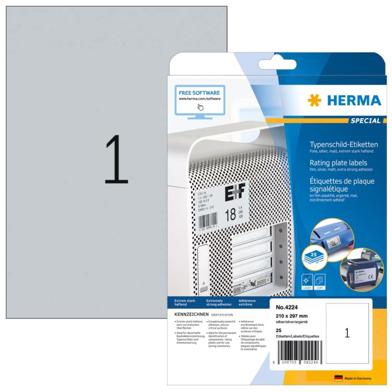 HERMA Rating plate labels A4 210x297 mm silver extra strong adhesion film matt 25 pcs.