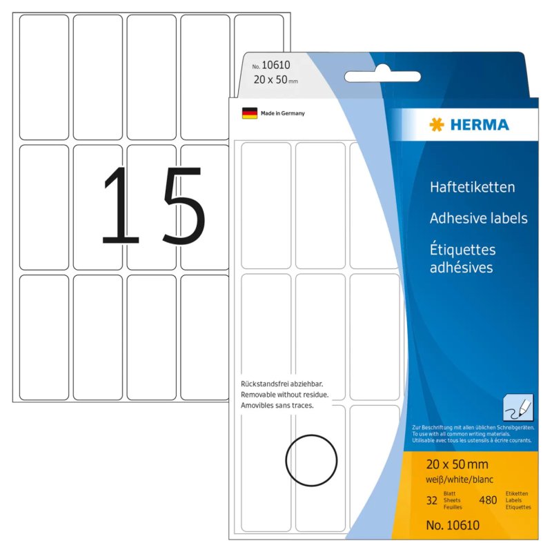 HERMA 10610 étiquette auto-collante Rectangle aux angles arrondis Blanc 480 pièce(s)