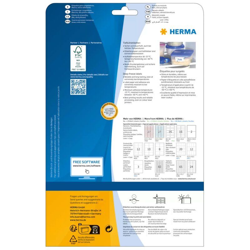 HERMA Deep-freeze labels A4 38.1x21.2 mm white paper matt 1625 pcs.
