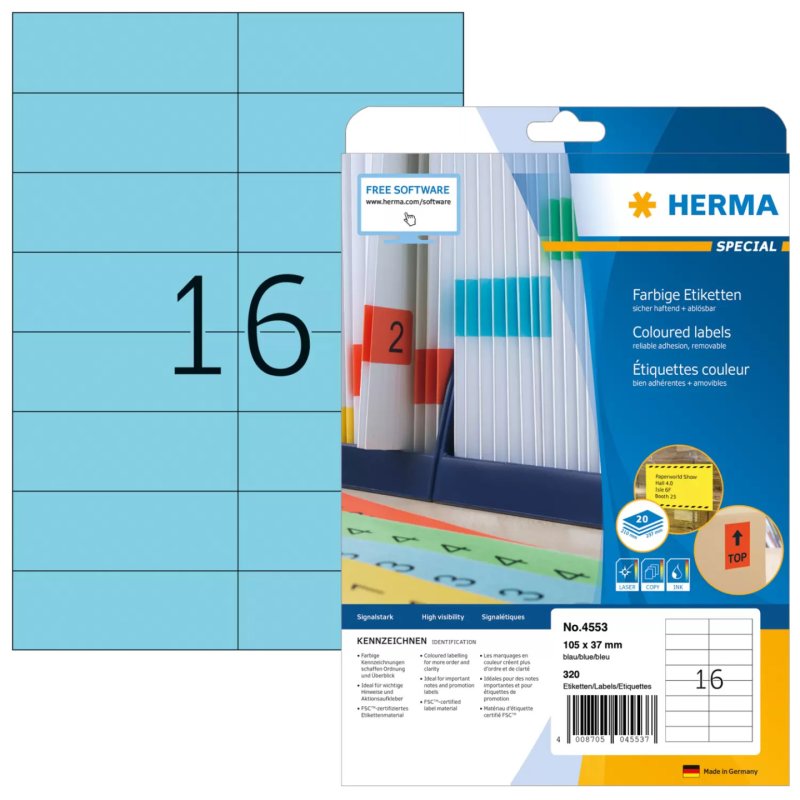 HERMA 4553 étiquette auto-collante Rectangle Bleu 320 pièce(s)